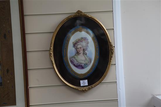 A pair of Sevres style porcelain portrait plaques, late 19th century, height 29cm excl. velvet mounts and gilt frames, overall height 4